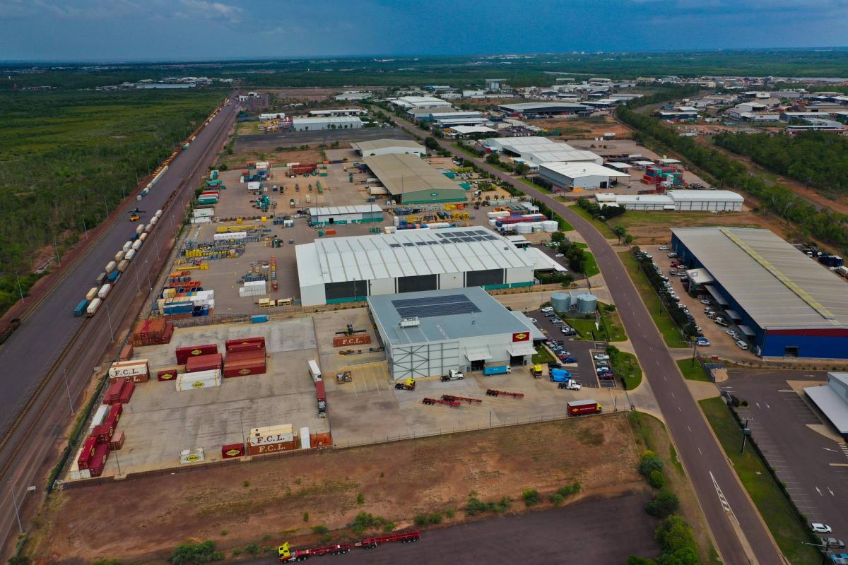 Aerial view of logistics yard with containers and freight operations at Darwin Business Park near East Arm rail corridor