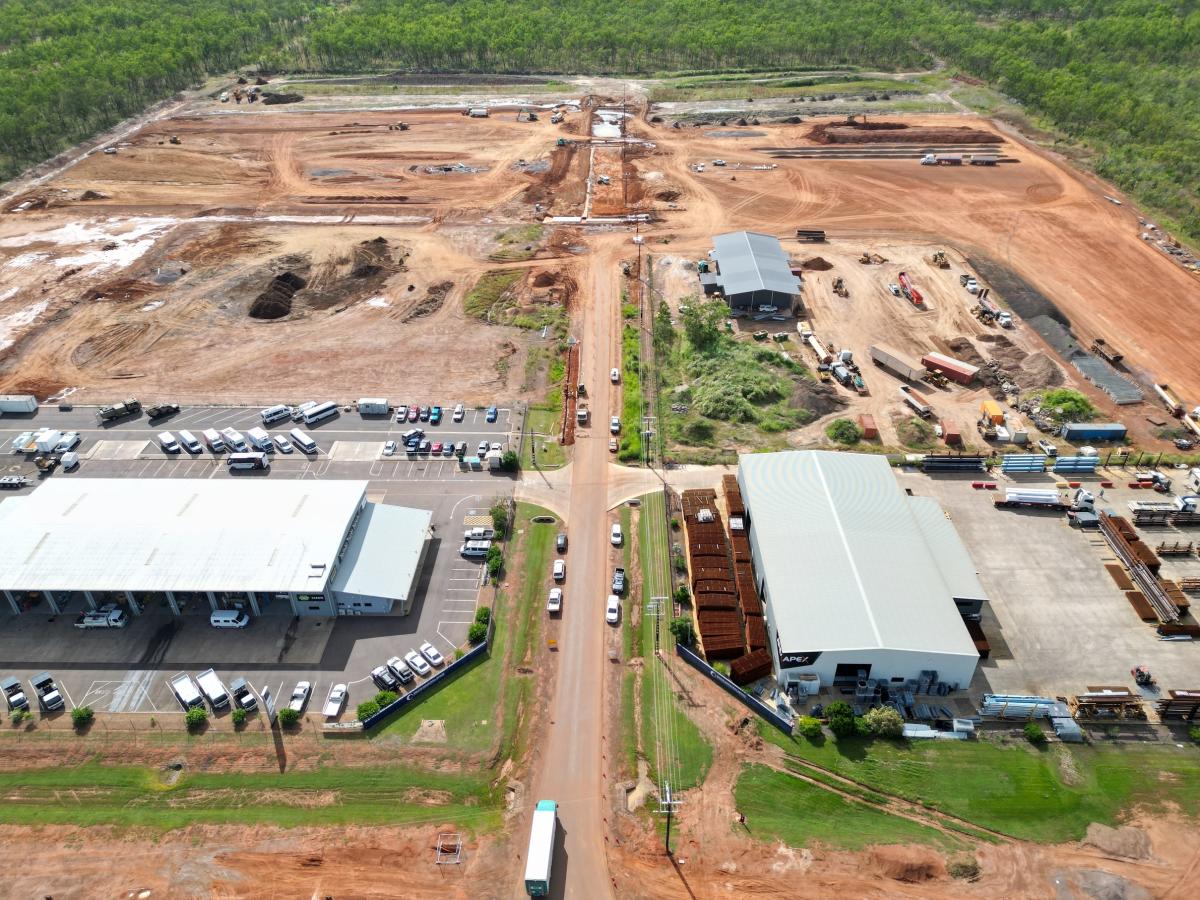 Alt text: Aerial view of bulk earthworks at Holtze Industrial Estate preparing serviced industrial lots