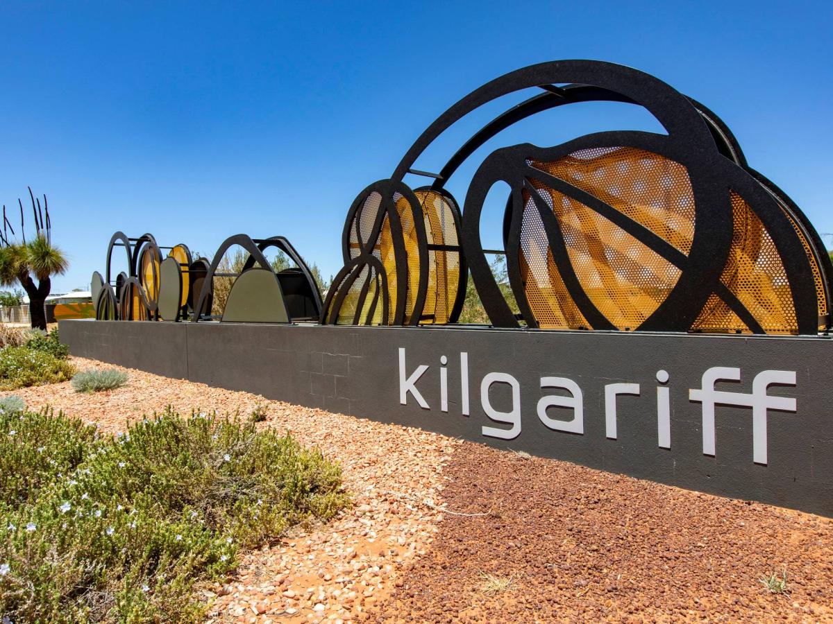 Kilgariff Estate entry signage and public art at the entrance to the residential community in Alice Springs