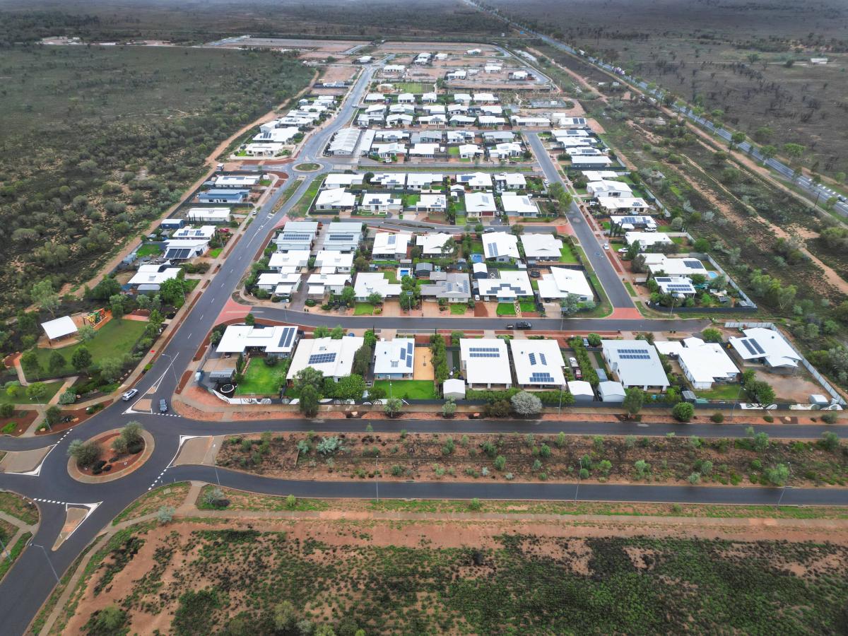 Aerial view of established homes and streets within Kilgariff Estate in Alice Springs