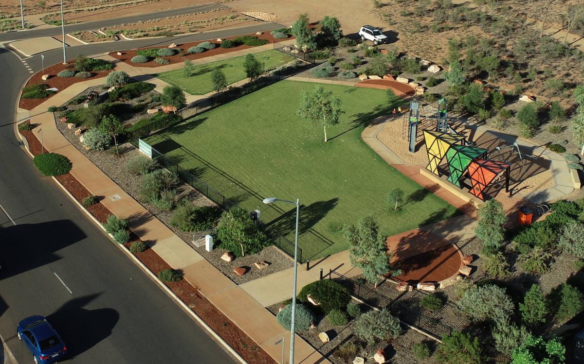 Aerial view of landscaped park and playground within Kilgariff Estate