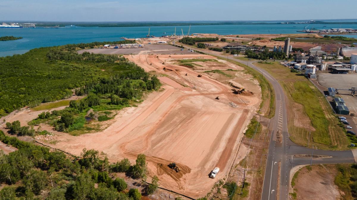 Aerial view of Marine Industry Park site showing early-stage coastal construction and land formation in Darwin