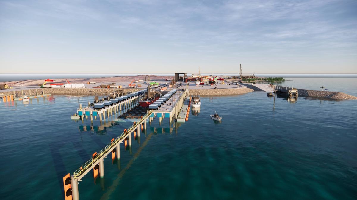 Landing craft and personnel at marine access ramp within the Marine Industry Park site in Darwin
