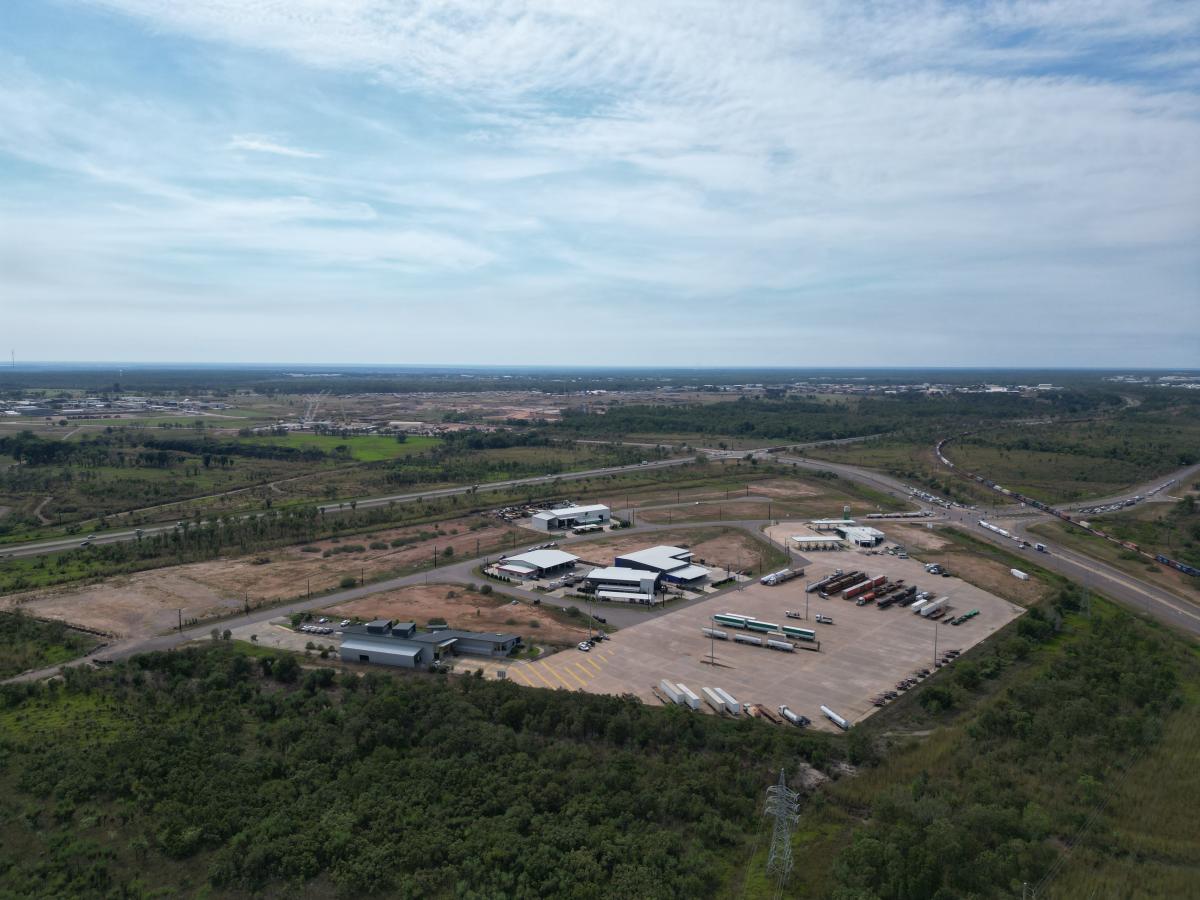 Aerial view of Truck Central freight and logistics hub near Darwin showing heavy vehicle parking and industrial facilities