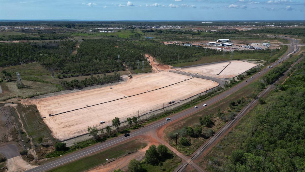 Aerial view of large serviced industrial lots at Wishart Estate prepared for development with road access and utilities