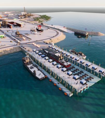 Alt text: Darwin Concept render of ship lift and wharf facilities at Marine Industry Park in Darwin